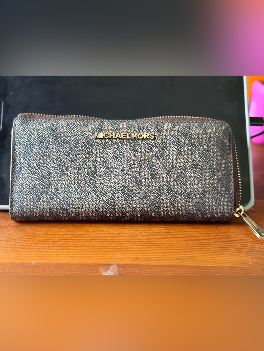 Michael Kors Brown Signature Zip Wallet with Gold Logo